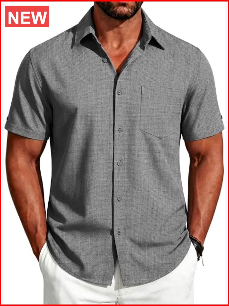 Men's Short Sleeve Button Down Casual Linen Beach Shirt With Pocket